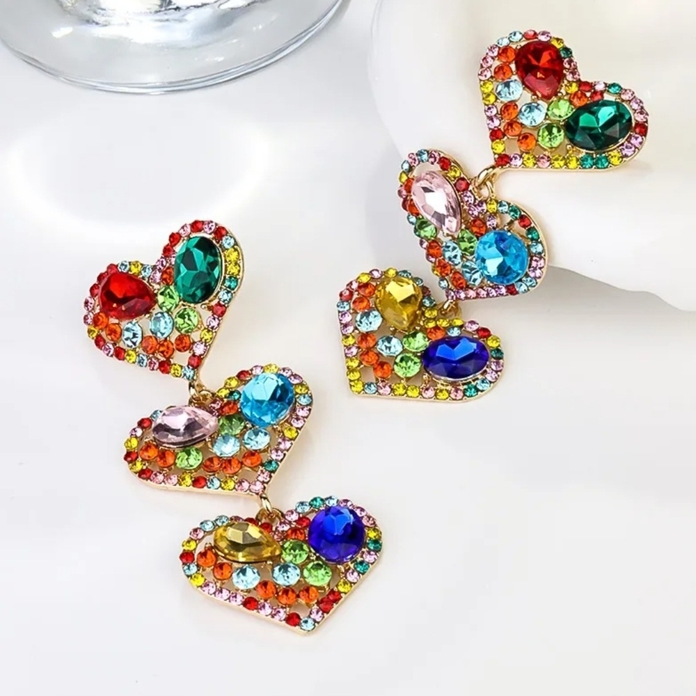 Multicolor Heart Rhinestone Earrings Tassel Drop